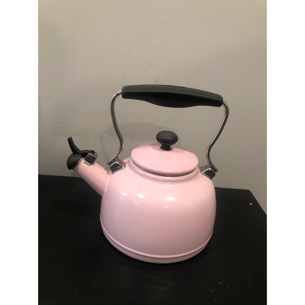 Chantal Pink Enamel on Steel Whistling Tea Kettle Stovetop Pink and Black